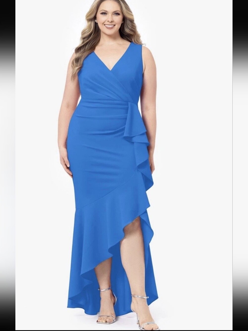 Betsy & Adam NWT Blue Ruffle High Low Formal Maxi Dress 14W $269 Old Money